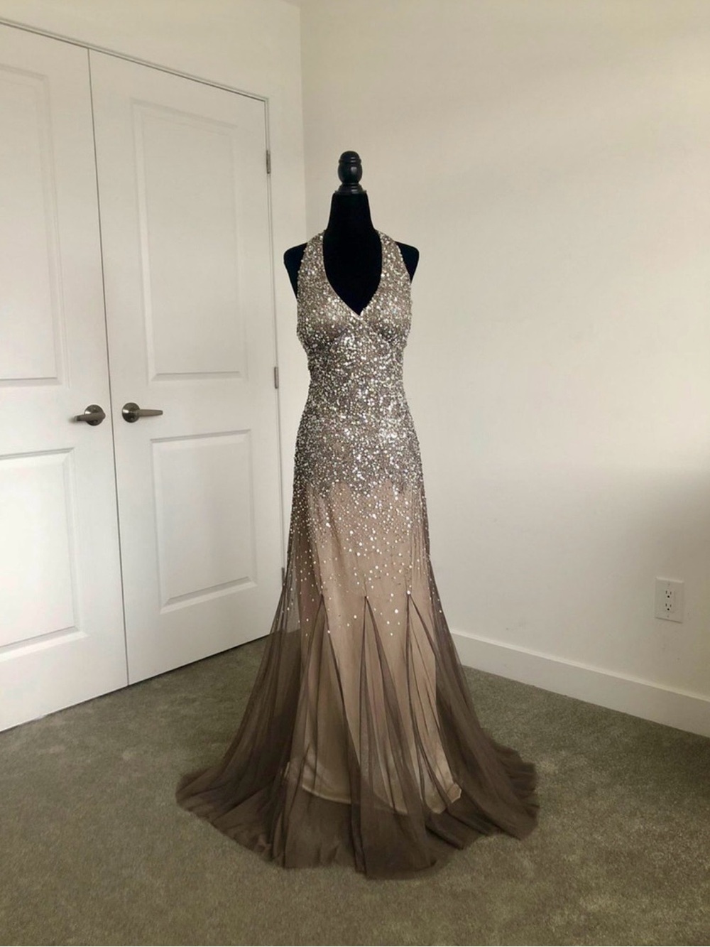 Beaded V-Neck Prom Gown in Taupe Ombre